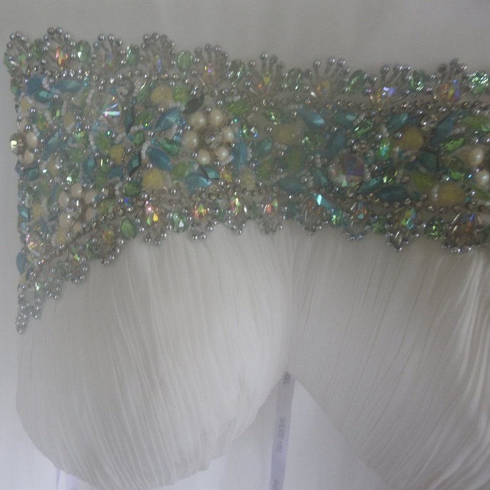 White Sherri Hill Jewel Encrusted Gown teal silver - Picture 12 of 15
